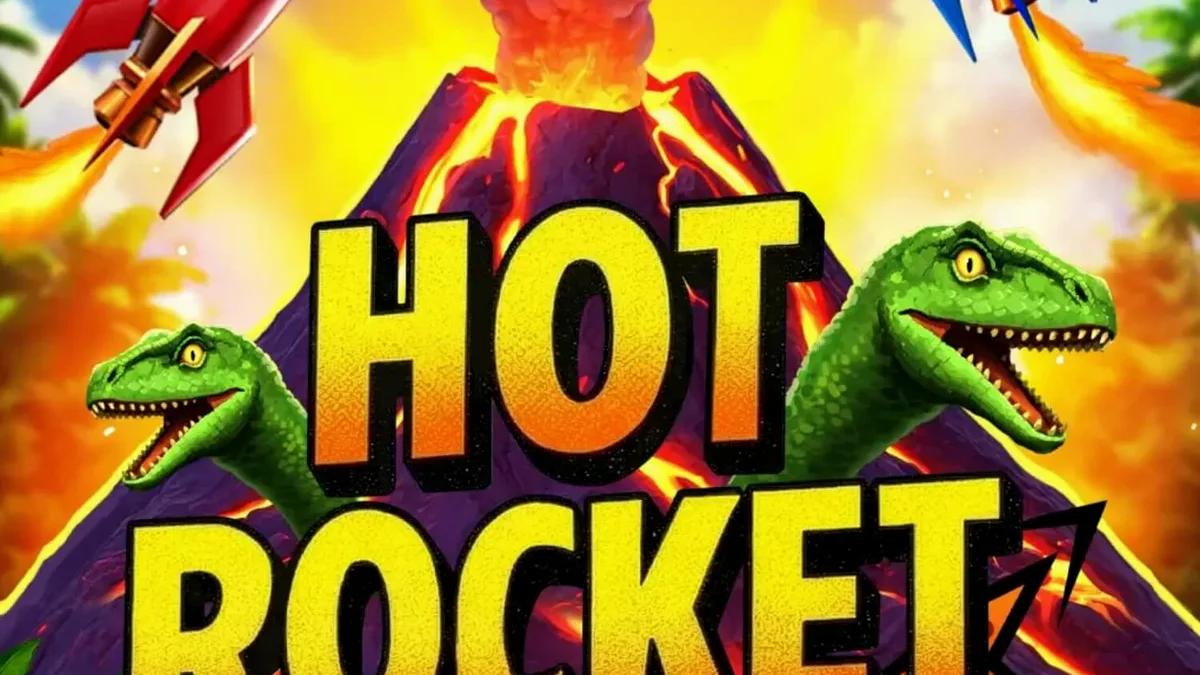 Isang visual na representasyon ng Hot Rocket 5x 3x 2x slot na may temang bulkan at mga retro reel.